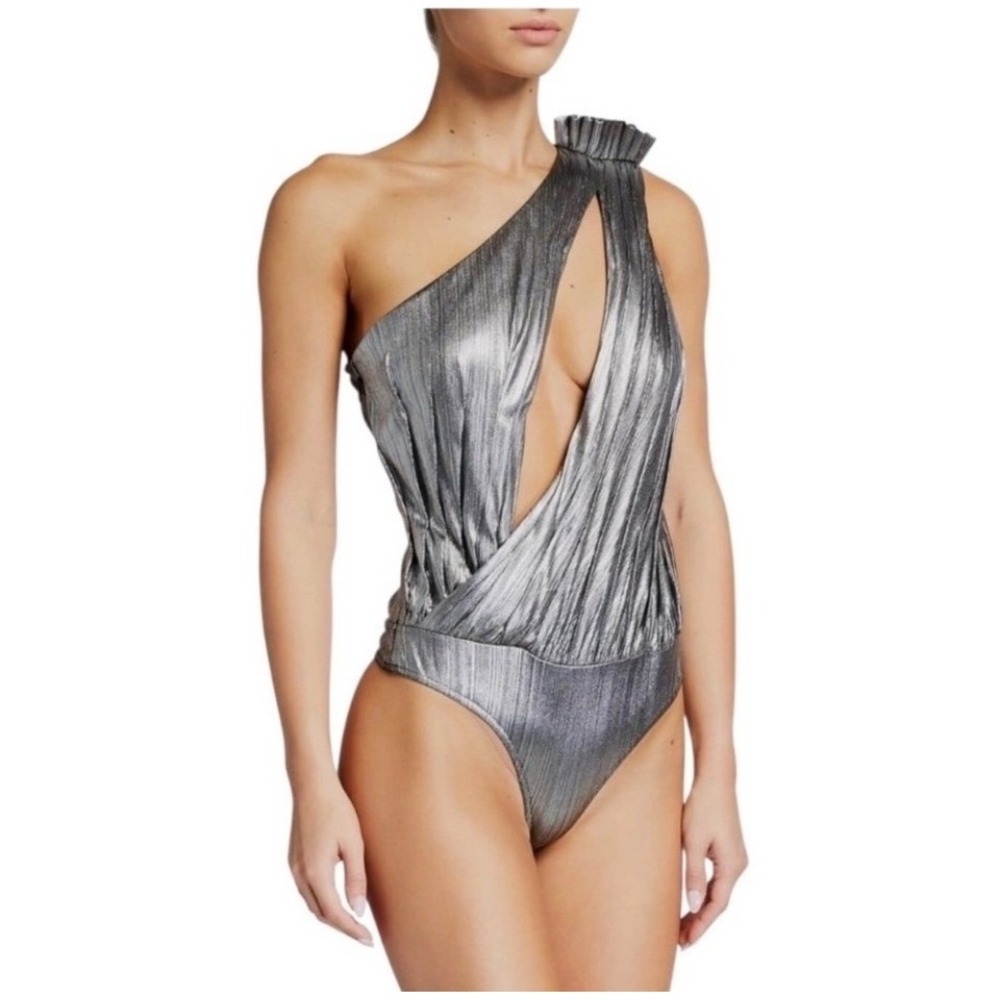 Retrofête Cassie Lamé One-Shoulder Bodysuit Gunmetal Size S